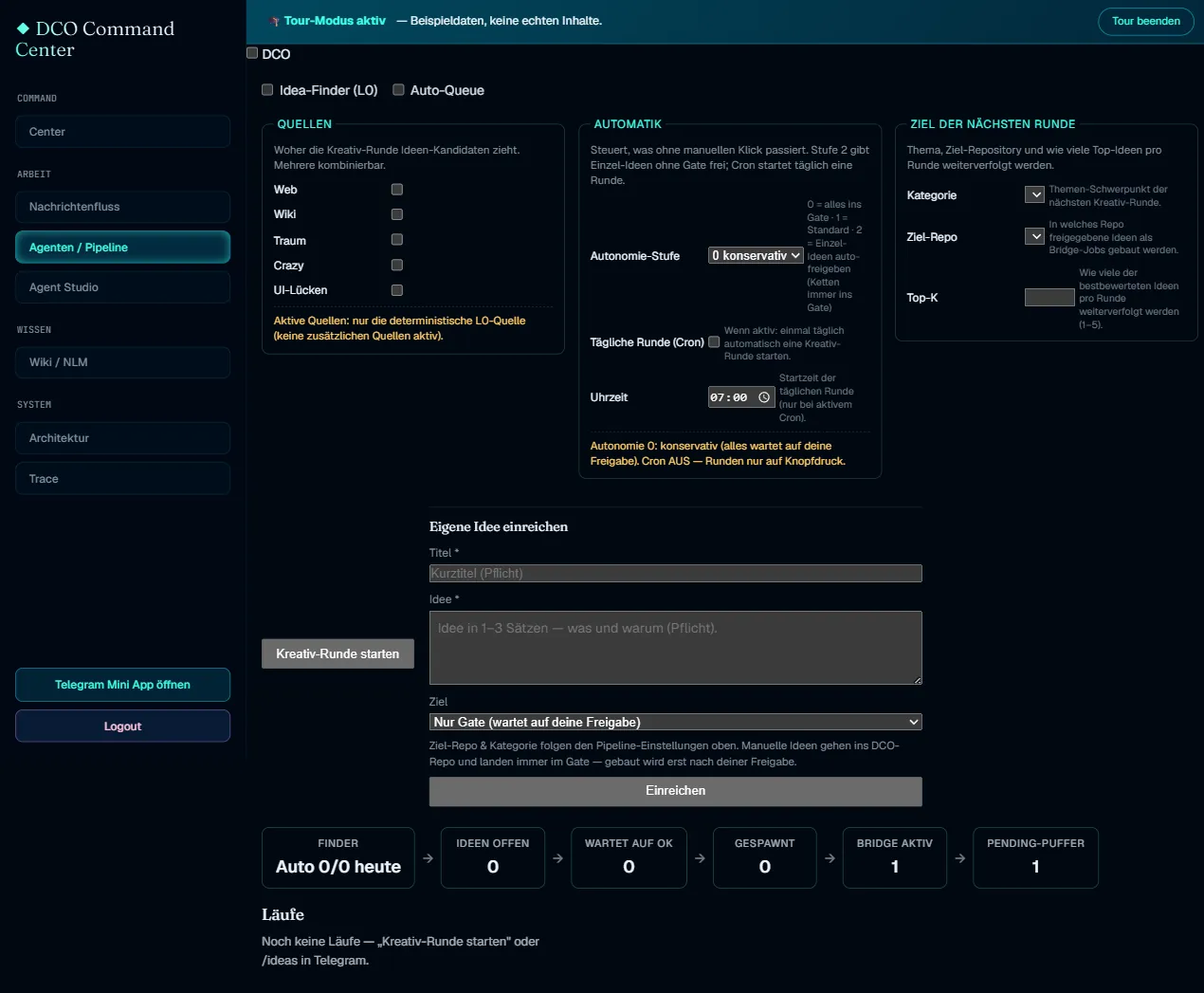 DCO-Dashboard Ideen-Finder mit Quellen, Automatik und Status-Band (Beispieldaten)