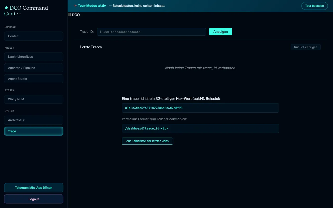 DCO-Dashboard Trace-Ansicht zum Nachverfolgen einzelner Jobs (Beispieldaten)