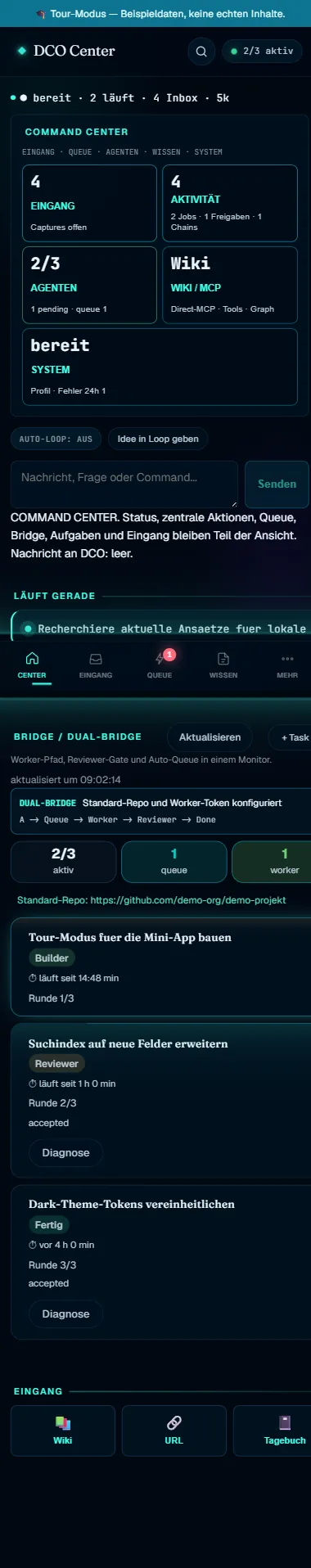 DCO Mini-App Center mit Status-Kacheln, Chat und Bridge-Block (Beispieldaten)
