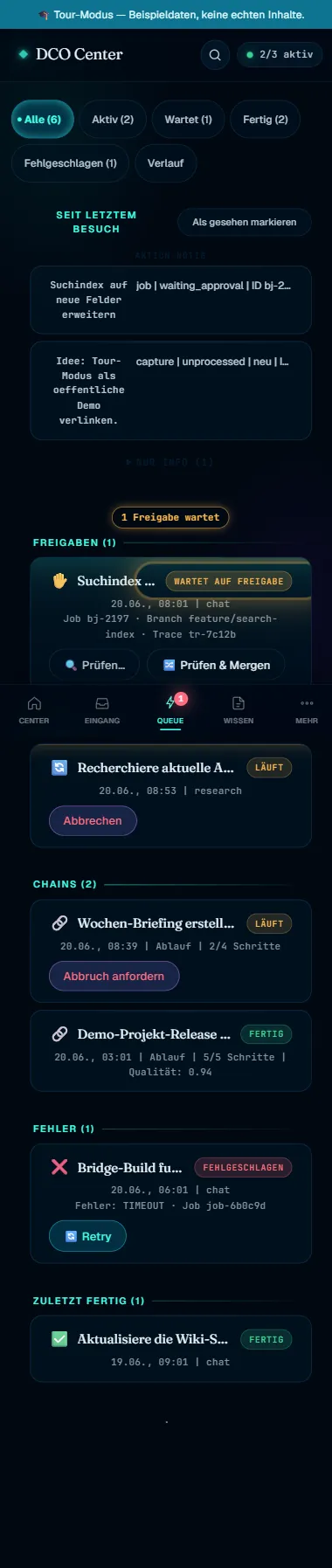 DCO Mini-App Queue mit Jobs, Freigaben, Chains und Fehlern (Beispieldaten)