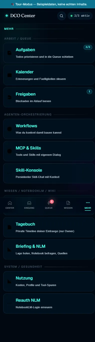 DCO Mini-App Mehr-Hub als gruppiertes Funktionsverzeichnis (Beispieldaten)