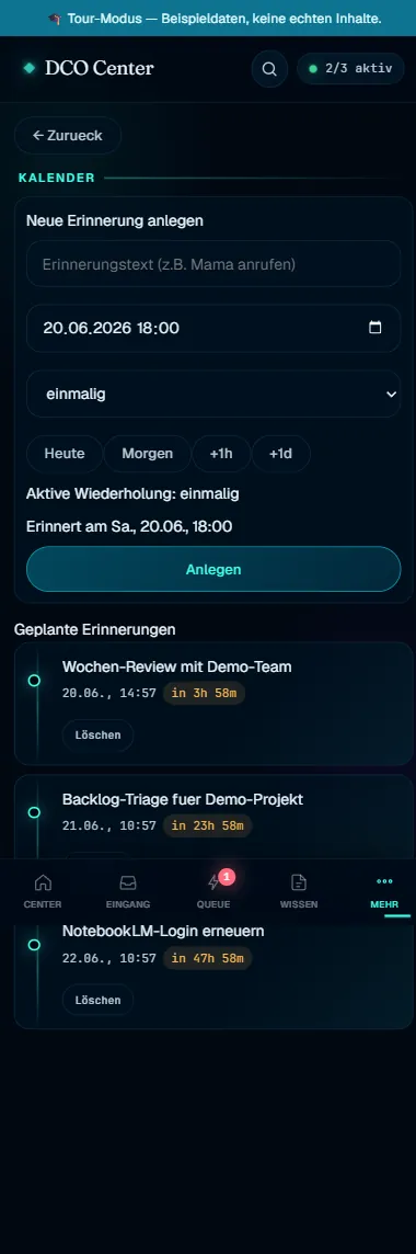 DCO Mini-App Kalender mit Wiederholungs-Optionen und geplanten Erinnerungen (Beispieldaten)