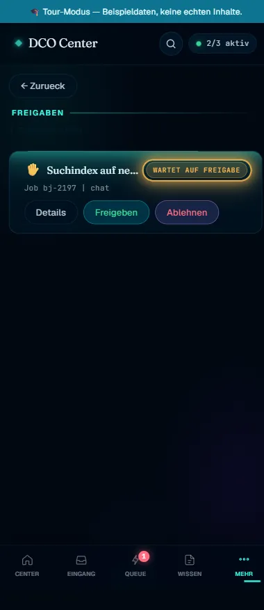 DCO Mini-App Freigaben mit Prüfen/Freigeben/Ablehnen (Beispieldaten)