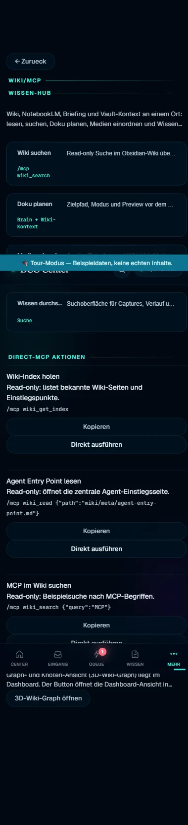 DCO Mini-App Wissens-Hub: Wiki suchen, Doku planen, Medien einordnen (Beispieldaten)