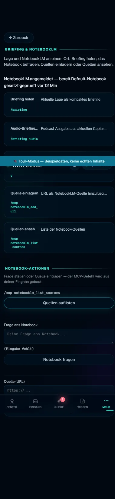 DCO Mini-App Briefing & NotebookLM mit Status und Aktionen (Beispieldaten)