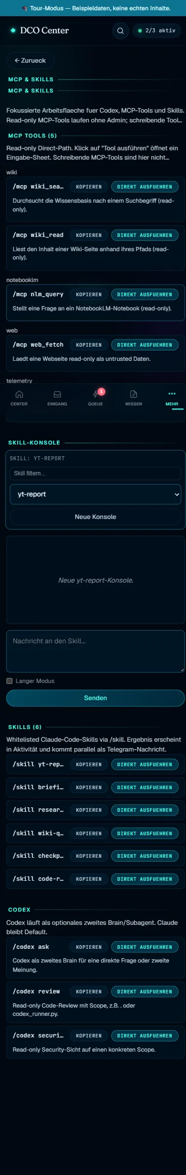 DCO Mini-App MCP & Skills mit Read-only-Tools und Skill-Konsole (Beispieldaten)