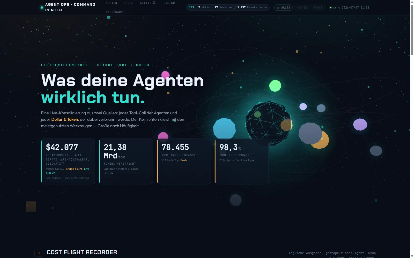 Orbital-Core des unified-command-center: die meistgenutzten Tools kreisen als Satelliten um einen glühenden Kern — synthetische Demo-Daten